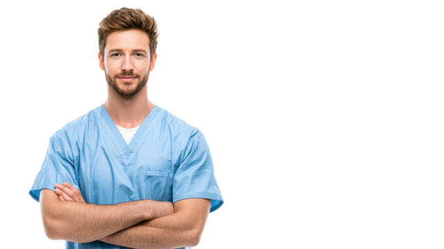 Confident male healthcare professional in scrubs, smiling, with arms crossed, isolated on white background. - Powered by Adobe