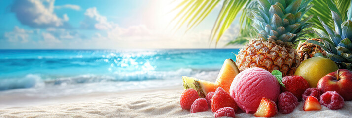 Fruit ice cream scoops on a wooden table with strawberries, citrus, and tropical fruits against a tropical beach background. Empty space for product presentation. Summer vacation dessert concept.