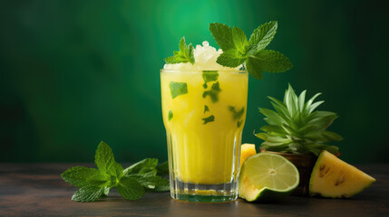 Fresh pineapple lemonade with lime and mint garnish served on a bright green background, with copy space for banner use, capturing the essence of summer, freshness, and tropical refreshment.