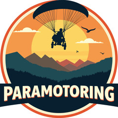Vector logo of paramotoring above mountain valley during sunset. Warm colors and classic adventure typography