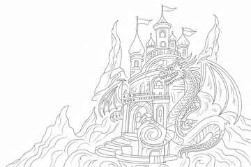 Naklejka premium Dragon guards a majestic castle on a fiery landscape. 