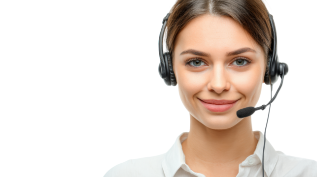 Customer service representative with headset, smiling for professional support. - Powered by Adobe