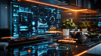 Obraz premium Modern AI-powered kitchen with smart holographic display integrated into the countertop, illuminated by sleek blue and orange ambient lighting. Concept of futuristic home automation and interactive di