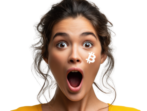 Cryptocurrency Shock: A young woman with wide, amazed eyes and a Bitcoin symbol stenciled on her cheek expresses astonishment at a crypto development or market change.
