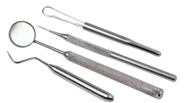 Dental tools including mirror, scaler, explorer, and periodontal probe on white isolate background.