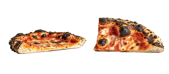 Neapolitan pizza - wood-fired pizza, airy crust slice, and charred crust edge on white
