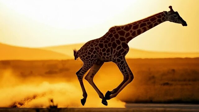 Silhouette of a giraffe running quickly across the african savanna at sunset in golden light video