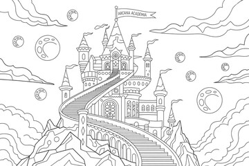 Fototapeta premium A grand castle on a mountaintop, spiraling staircase to the sky. 