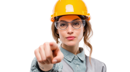Female construction worker with yellow hard hat pointing at the viewer, isolated on a white background.