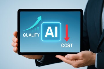 Businessman Presents Tablet Showing AI Improves Quality While Lowering Cost, offering a smart solution for digital transformation and enhanced business performance.