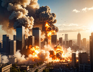 A huge explosion shaped like an explosion erupted in the middle of a densely populated city area of ​​skyscrapers. The concept of war, urban destruction