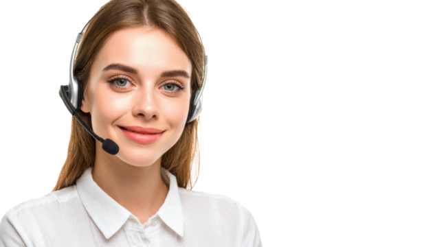 Friendly female customer service representative with headset smiling on isolated black background.