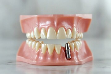 Dental implant positioned securely in the jaw surrounded by natural teeth demonstrating effective oral restoration