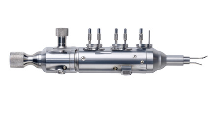 Industrial silver tool with multiple attachments on a white isolated background.