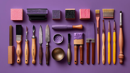 Flatlay linocut carving tools on vibrant purple background