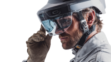 Man wearing augmented reality helmet, focused expression, isolated on white background.