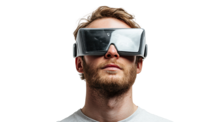 Man wearing futuristic virtual reality glasses, focused on immersive experience, isolated on white background.