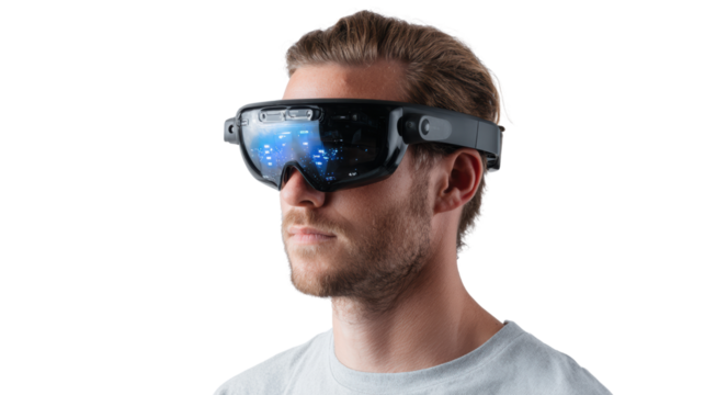 Man wearing advanced augmented reality glasses, showcasing modern digital innovations on a white background.
