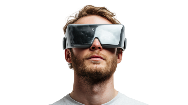 Man wearing futuristic virtual reality glasses, focused on immersive experience, isolated on white background. - Powered by Adobe