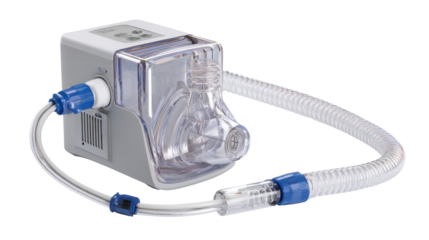 Medical device for respiratory therapy, isolated on a white background.