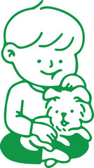 Boy Patting Dog – Pet, Animal, Love, Care, Friendship, Outline Cartoon