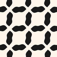 Abstract vector seamless pattern. Simple monochrome geometric ornamental texture with curved shapes, diagonal grid, mesh, lattice, net. Black and white background. Repeated design for decor, textile