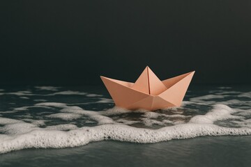 Obraz premium Peach Origami Boat Glides Gently Through Foamy Waves, embodying serenity and childhood dreams on a calming journey.