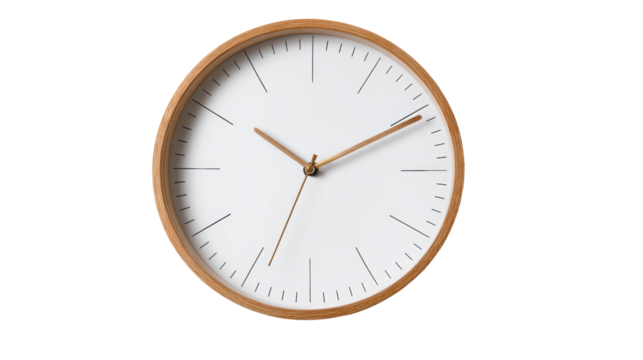 Minimalist wall clock with wooden frame, white face, perfect for modern home decor.