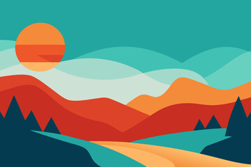 Abstract landscape with mountains and sunset