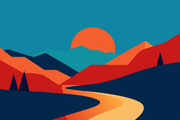 Abstract sunset landscape with winding river and mountains
