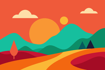 Abstract sunset landscape with mountains and rolling hills