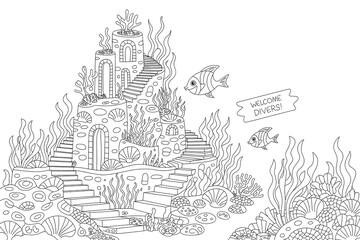 Underwater spiral castle, coral, and fish. Oceanic coloring page.