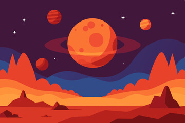 Alien planet landscape with rings and moons