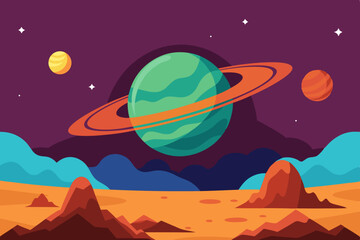 Alien planet landscape with rings and mountains
