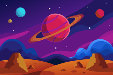Alien planet landscape with ringed planet and stars