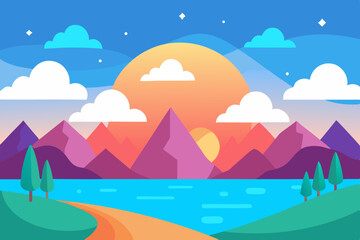 Sunset landscape with mountains lake and trees
