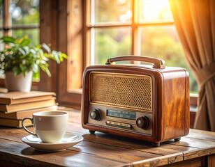 old radio from the old days on the table with a glass of cup