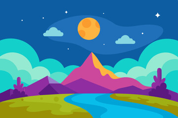 Nighttime mountain landscape with river and full moon
