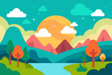 Colorful cartoon landscape with mountains and lake