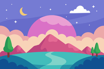 Serene night landscape with mountains and lake