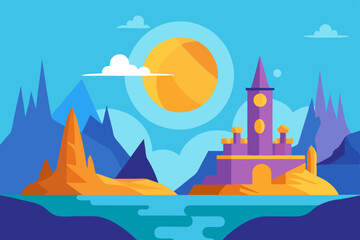 Fantasy castle landscape illustration flat design