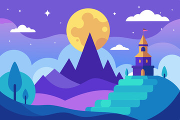 Fantasy night landscape with castle and full moon