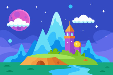 Fantasy island landscape with tower at night