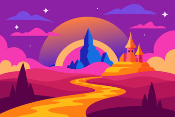 Fantasy landscape with castle and winding river at sunset