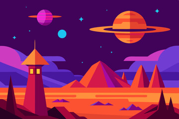 Alien planet landscape with tower and planets