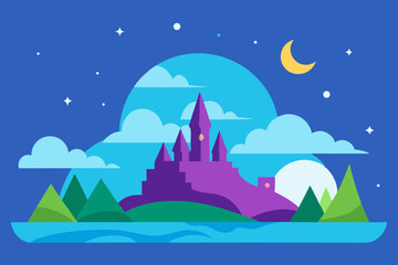 Purple castle at night flat design illustration