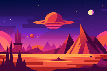 Alien planet landscape with flying saucer and mountains