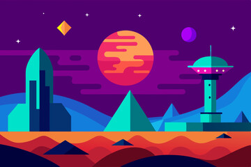 Vibrant alien planet landscape with spaceship and tower