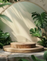 A clean and modern tropical-themed stage with a white wooden arch and minimal podium provides an elegant and symmetrical space perfect for premium product showcases, branding presentations
