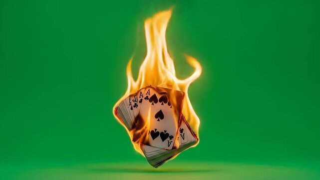 Burning Playing Cards Against Green Screen - A stack of playing cards, predominantly aces of spades, is engulfed in flames against a vibrant green background.